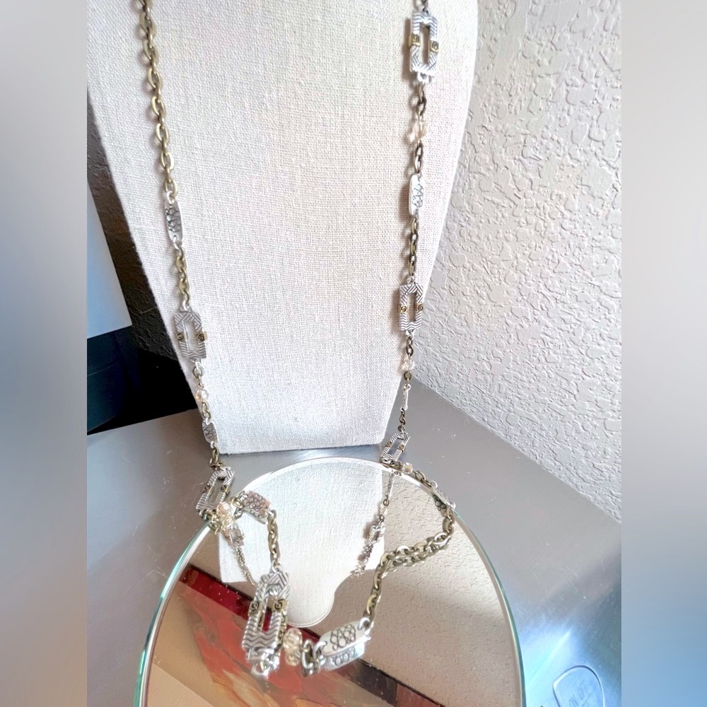 N164 BRIGHTON Acoma Long Two Tone Silver and Brass Necklace Retail $128